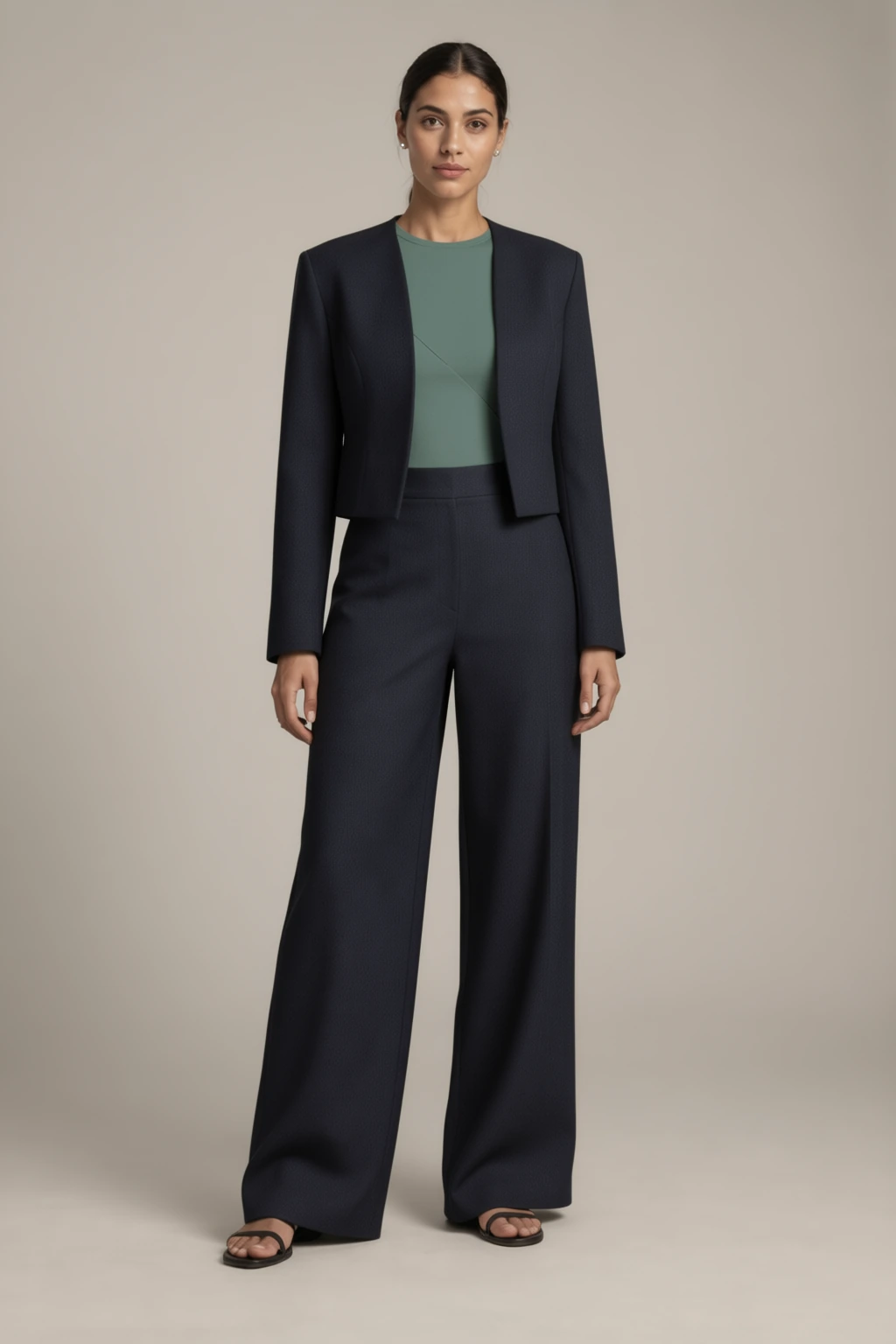 Look 2: navy jacket and trousers with sage top.