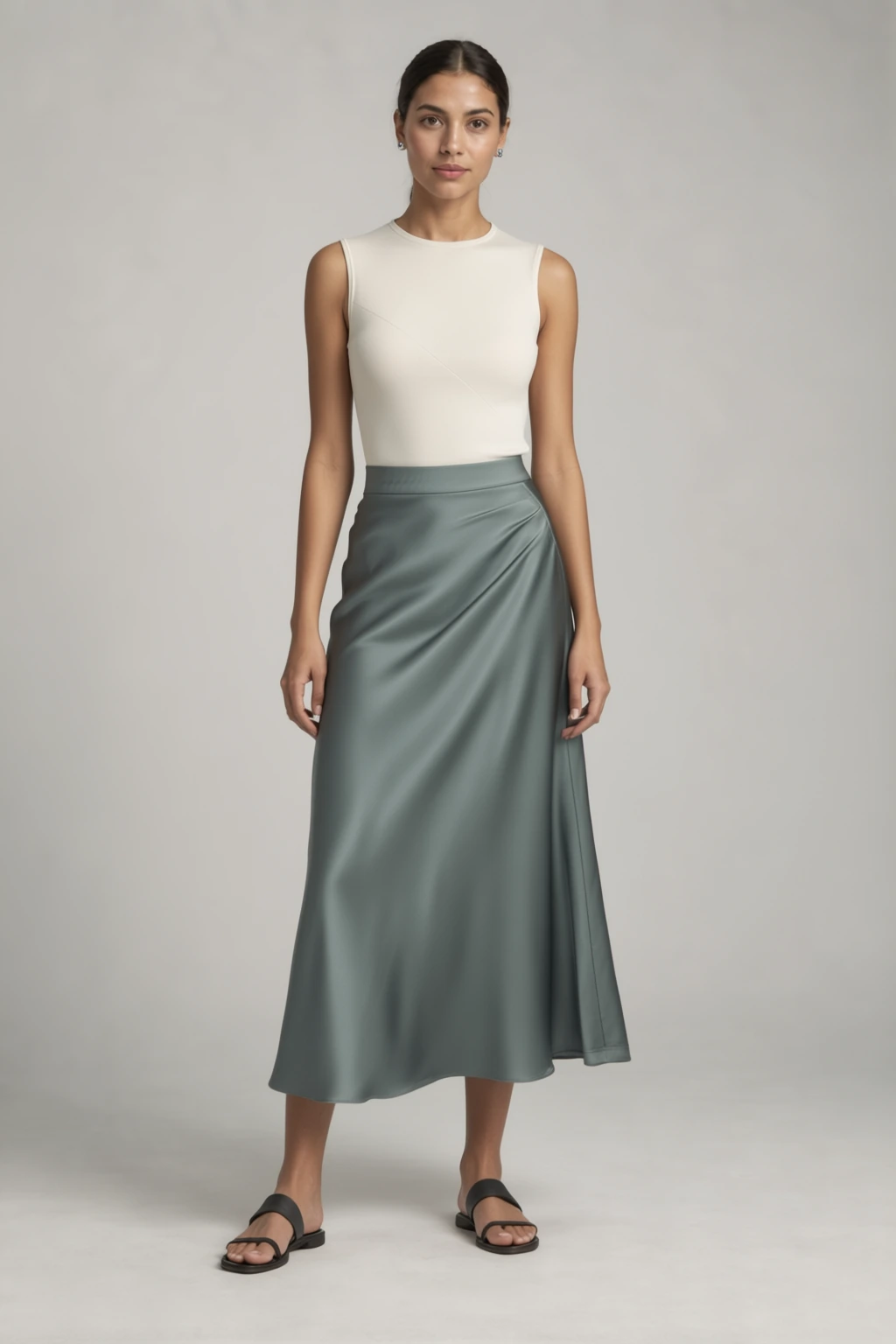 Look 3: ivory sleeveless top and sage satin skirt.
