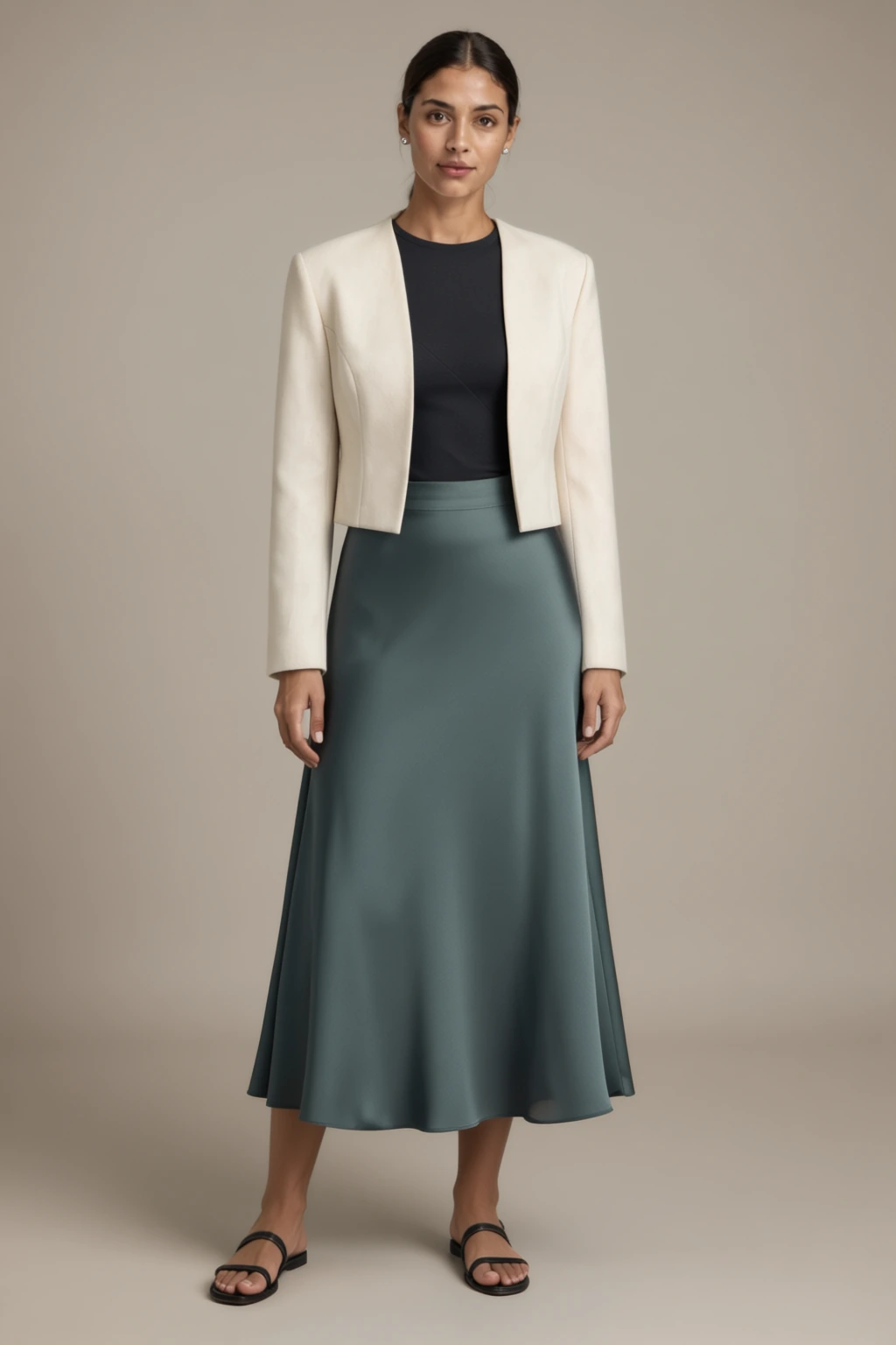 Look 4: ivory jacket, black top, sage satin skirt.