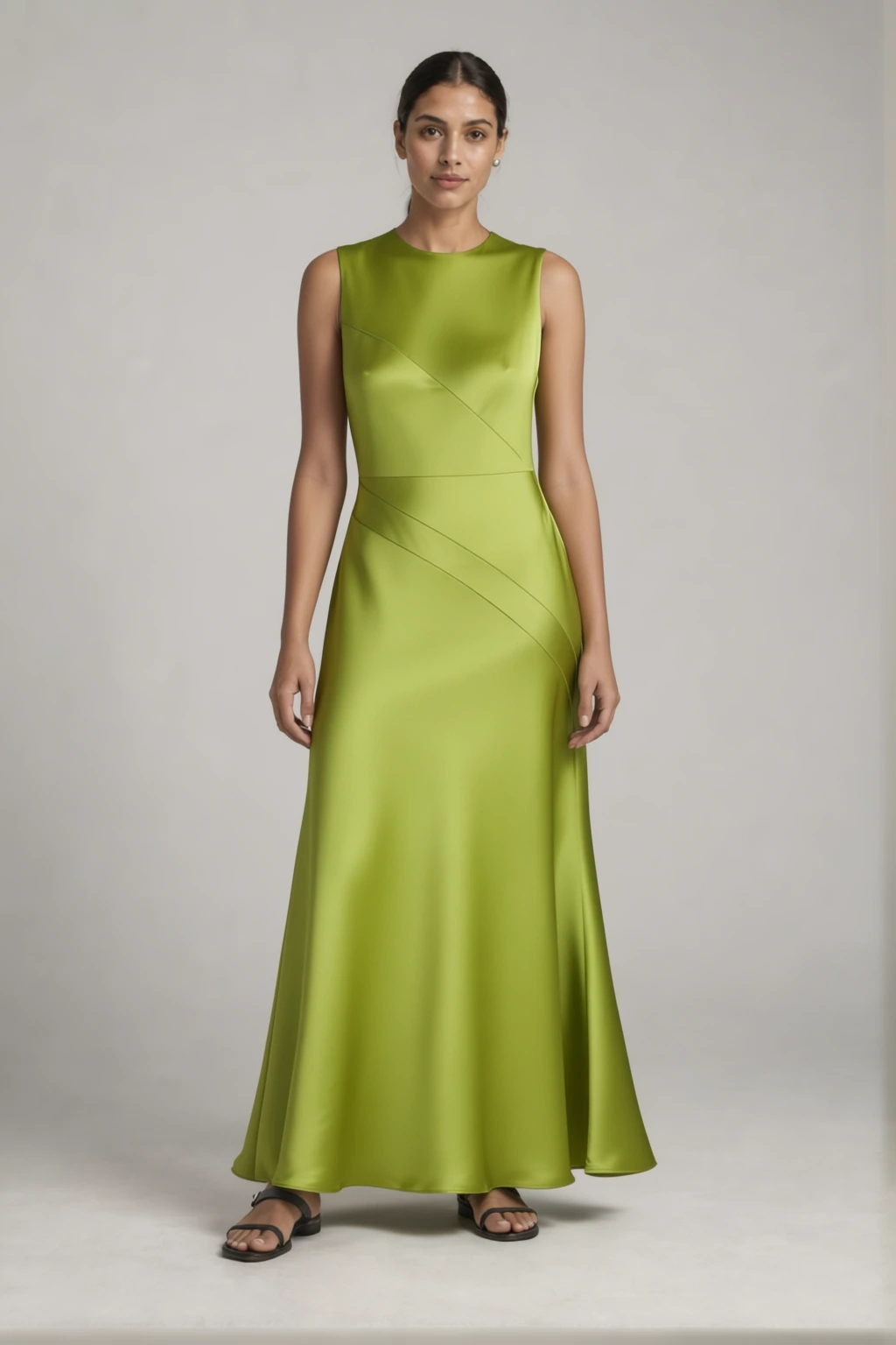 Look 5: chartreuse satin dress.