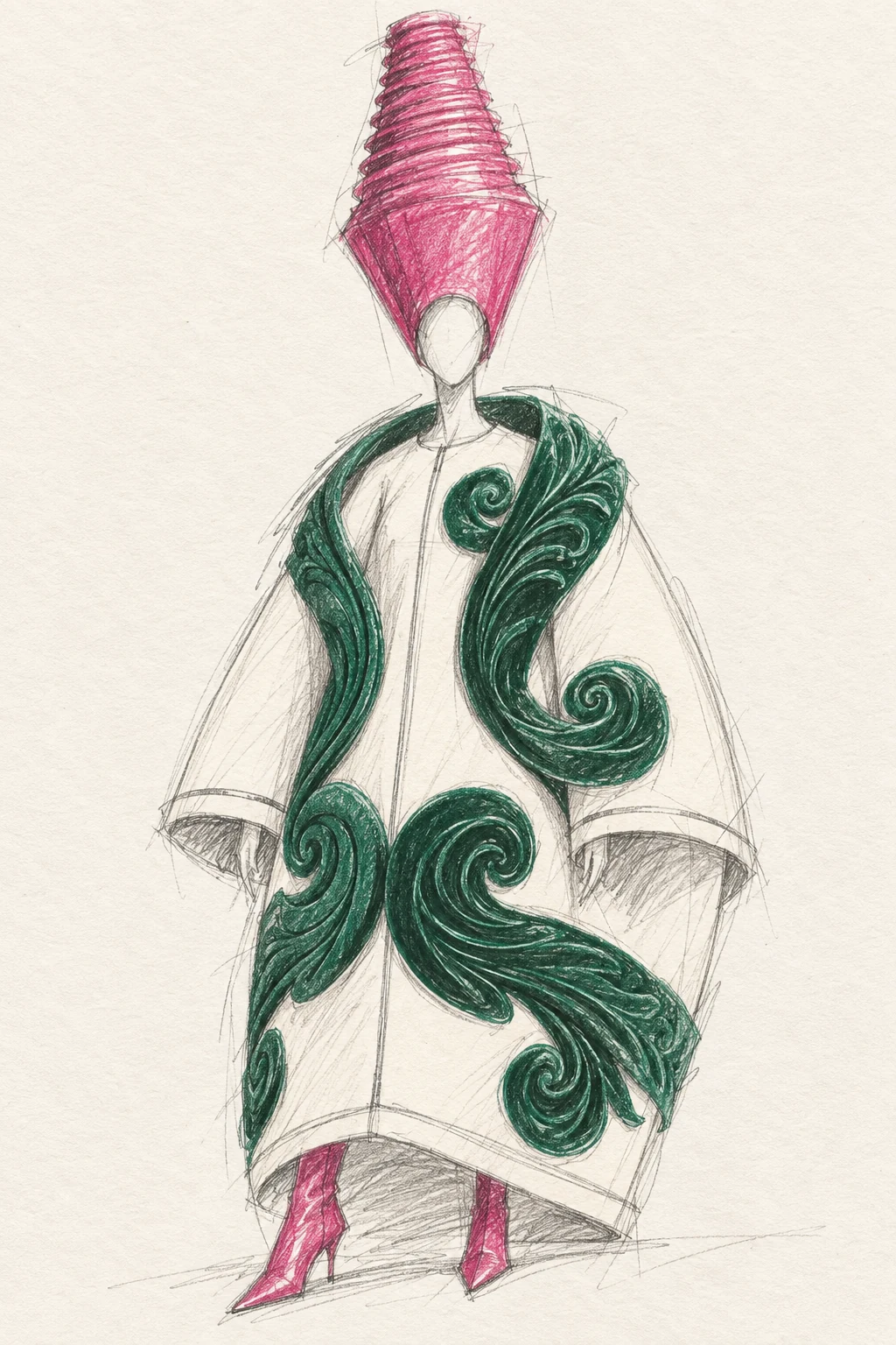 Fashion sketch with a magenta sculptural headpiece, ivory coat and green velvet details.