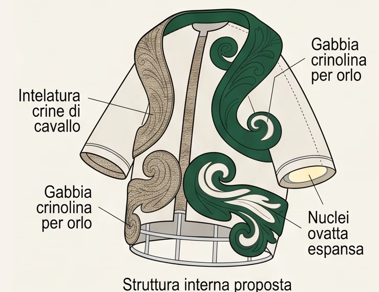 Proposed internal structure of the coat: horsehair canvas, crinoline hem cage, expanded wadding cores.