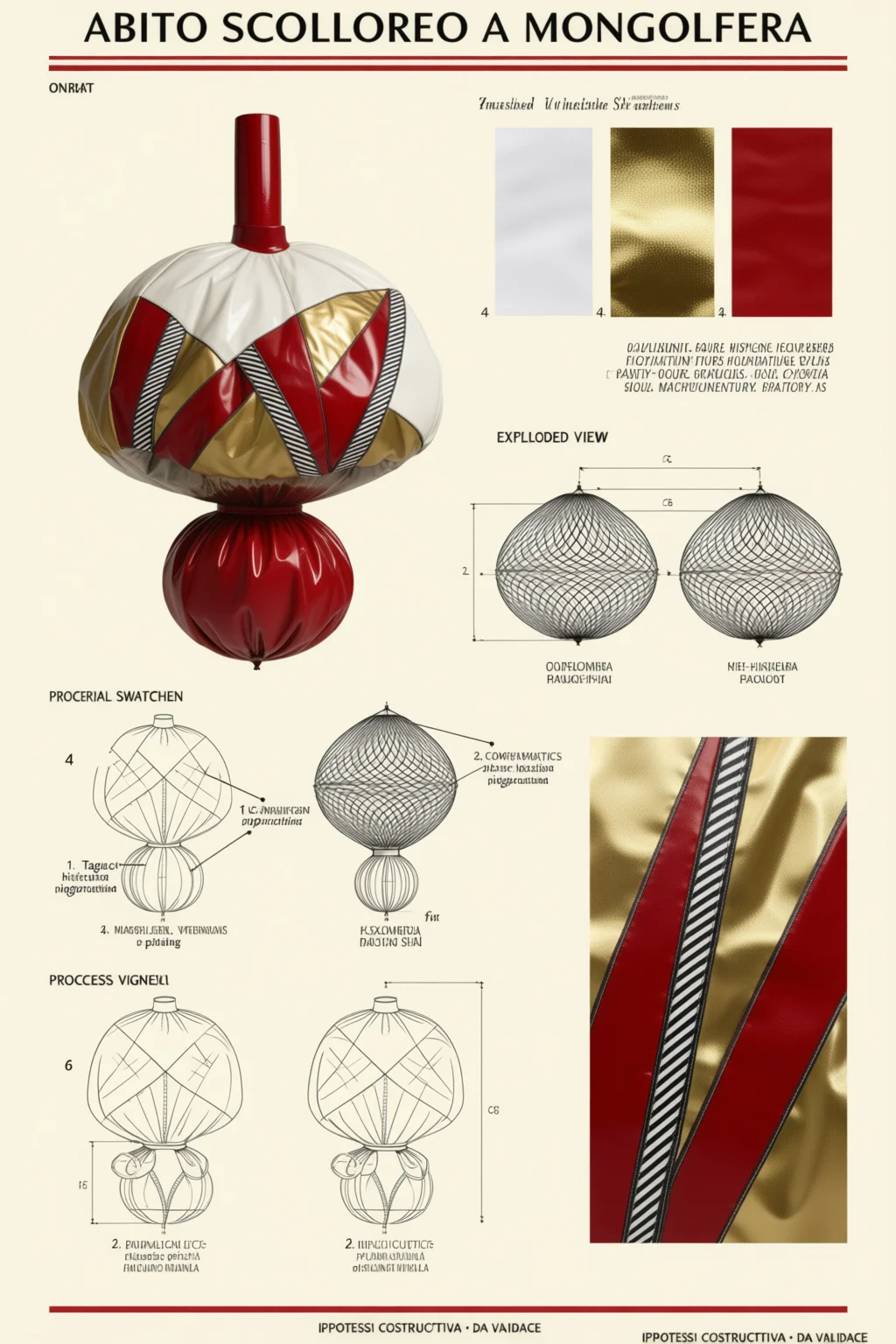 Process sheet for the balloon dress: panel swatches, exploded gores, construction steps.