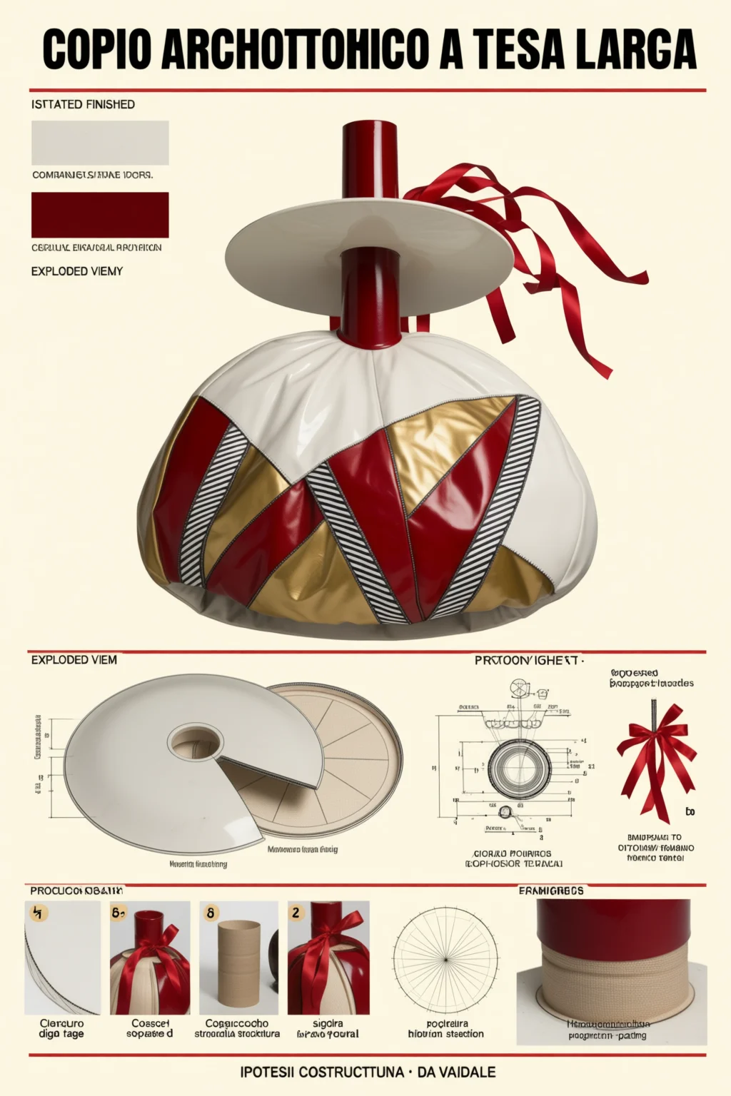 Process sheet for the headpiece: cylinder cap, brim, ribbons, exploded view.