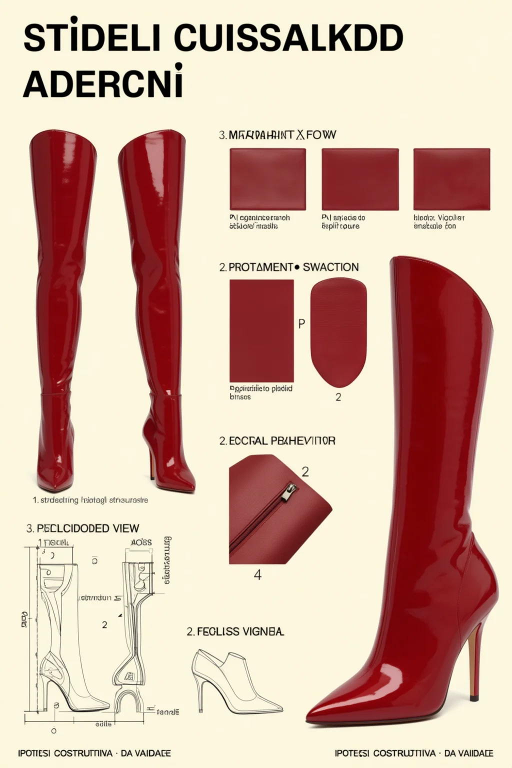 Process sheet for red patent thigh-high boots: swatches, components, exploded view.