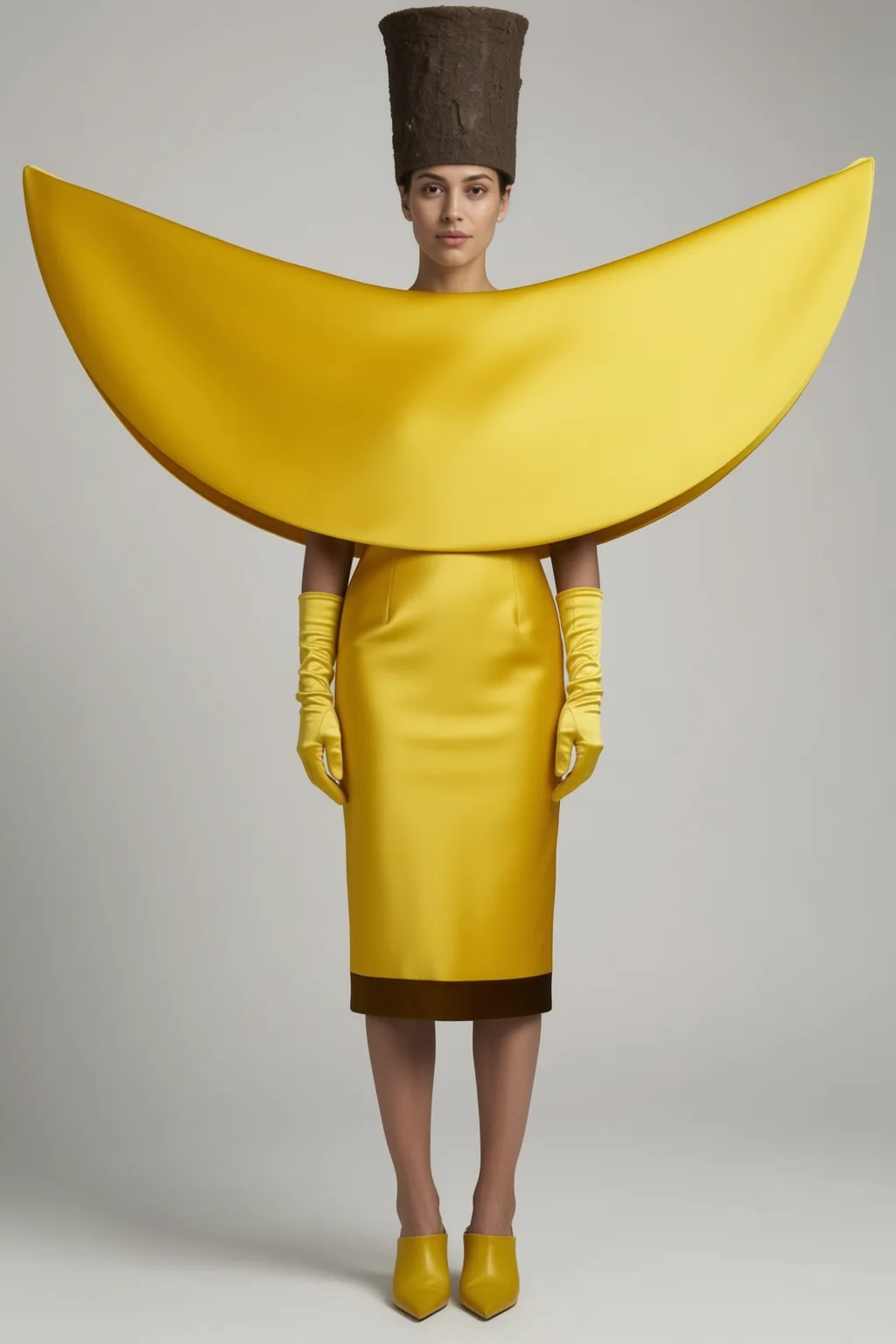 Look L03: a huge yellow satin crescent over the shoulders, yellow sheath dress with brown hem, long yellow gloves, brown felt cylinder hat.