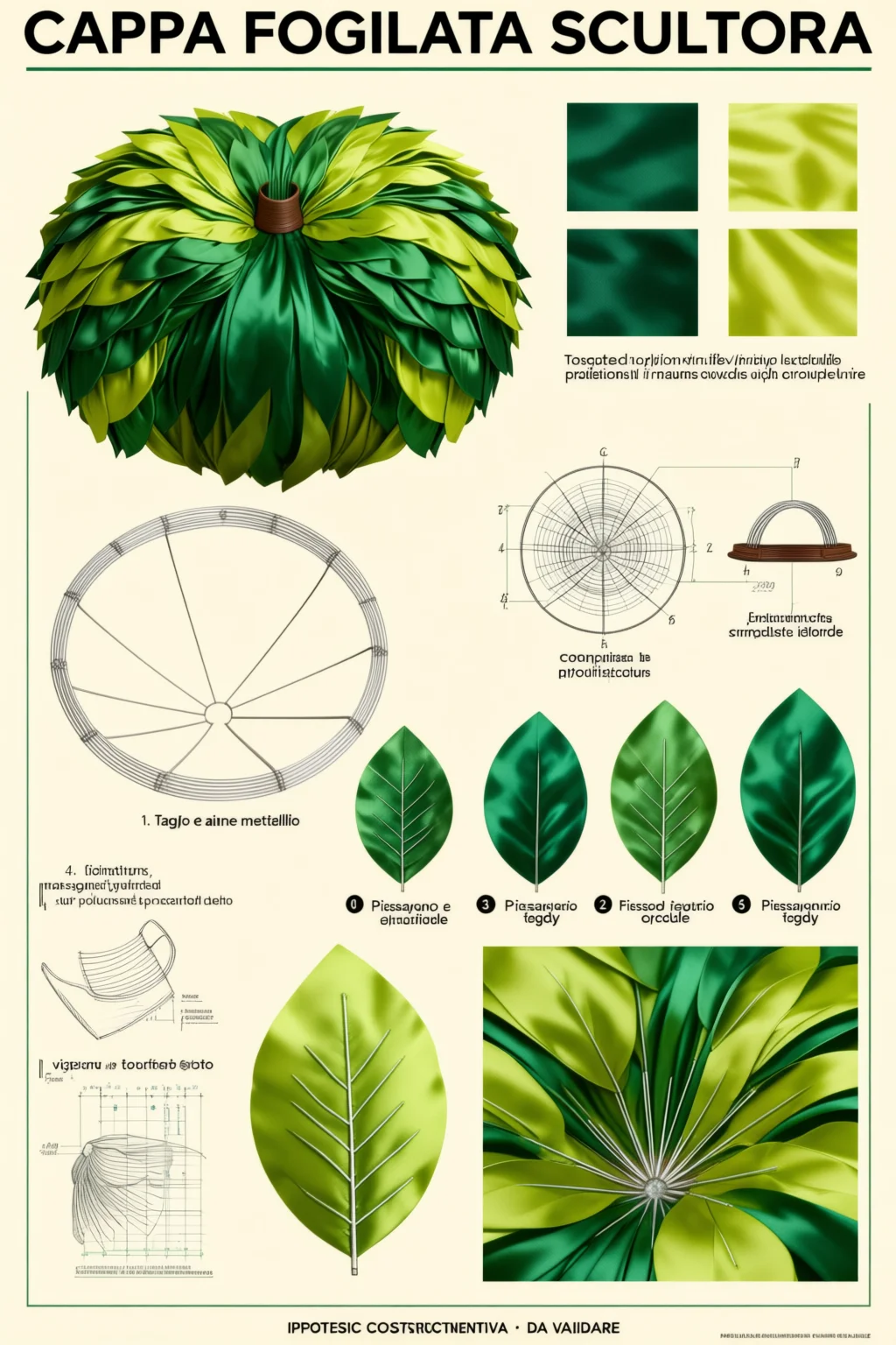 Process sheet for the leaf cape: swatches, radial frame, leaf cutting steps.