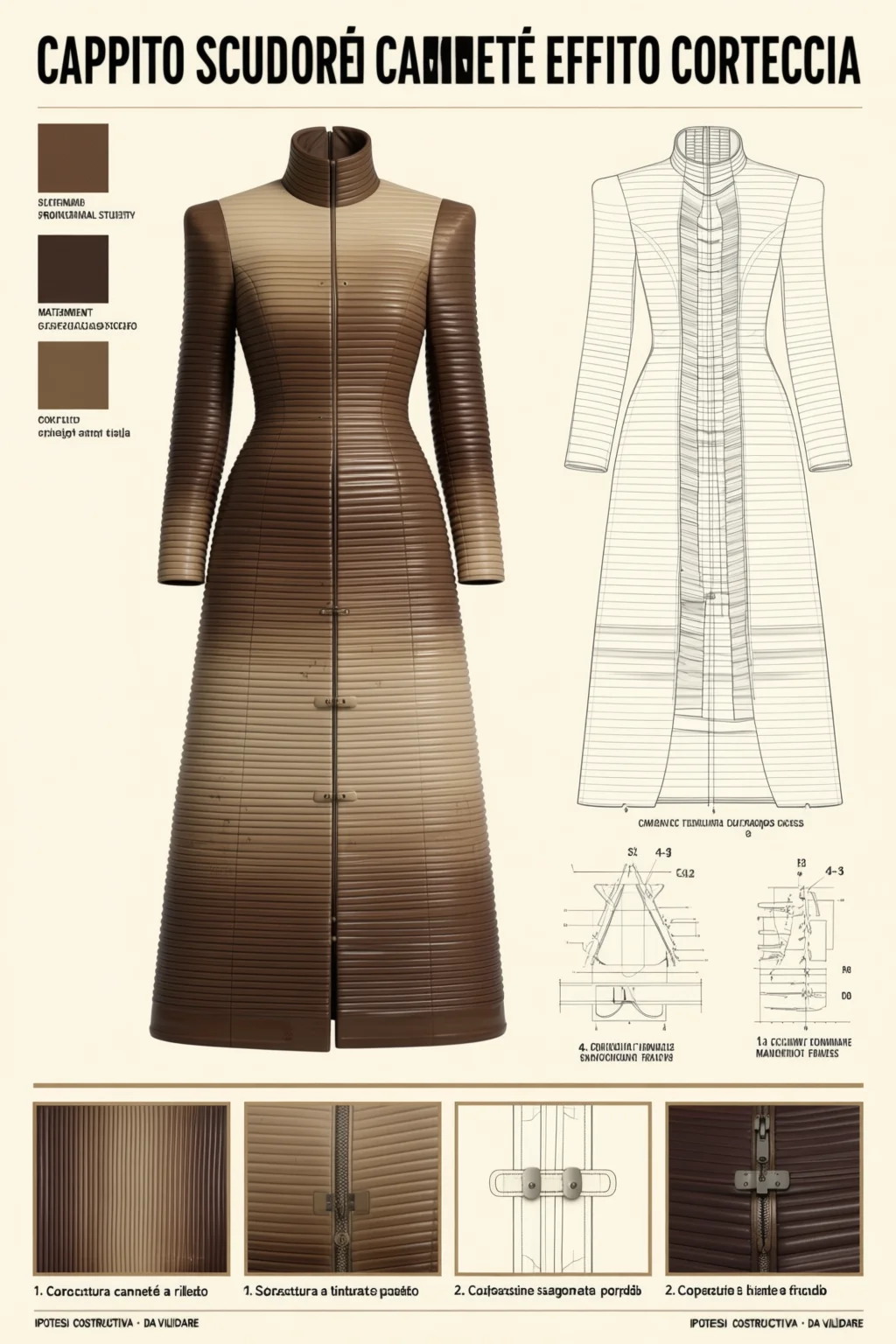 Process sheet for the long ribbed coat: swatches, flat drawing, closure details.