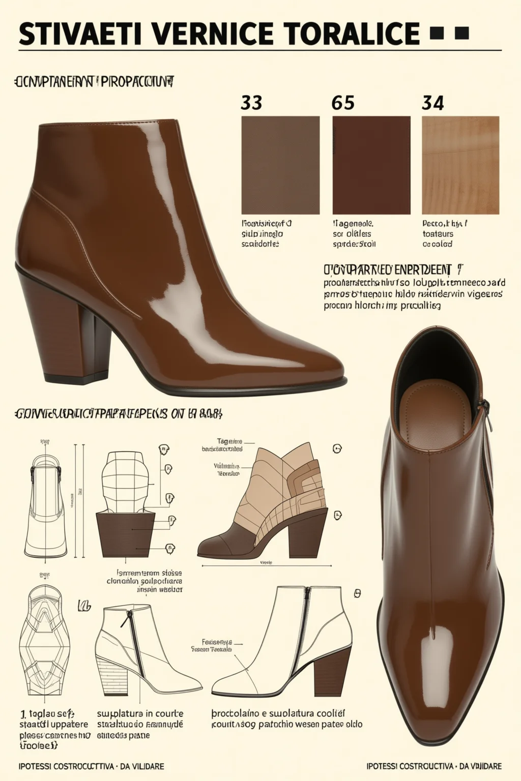 Process sheet for brown patent ankle boots: colour chips, components, steps.