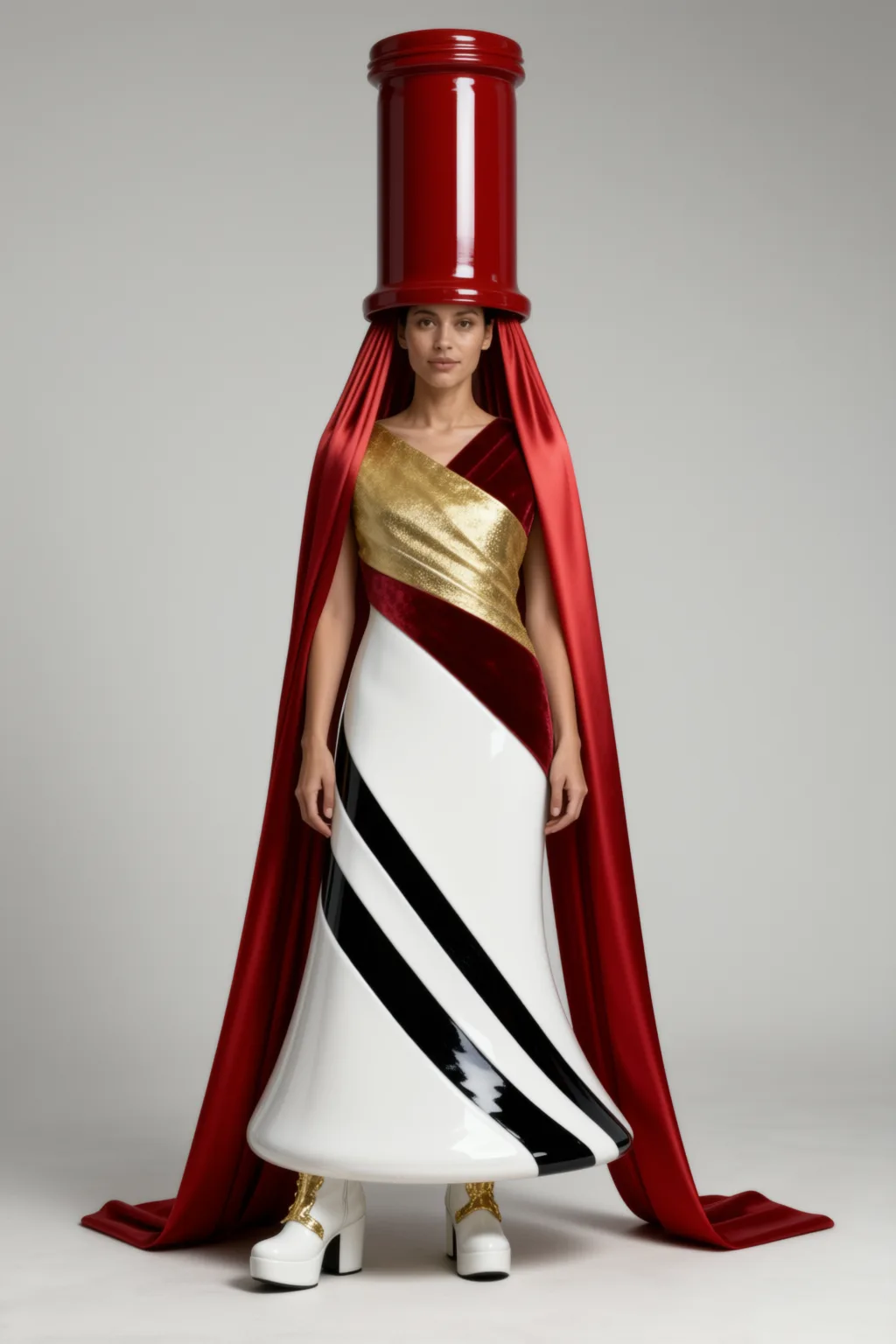 Tall red cylinder headpiece, red satin cape, white gown with black diagonal stripes and gold panel.