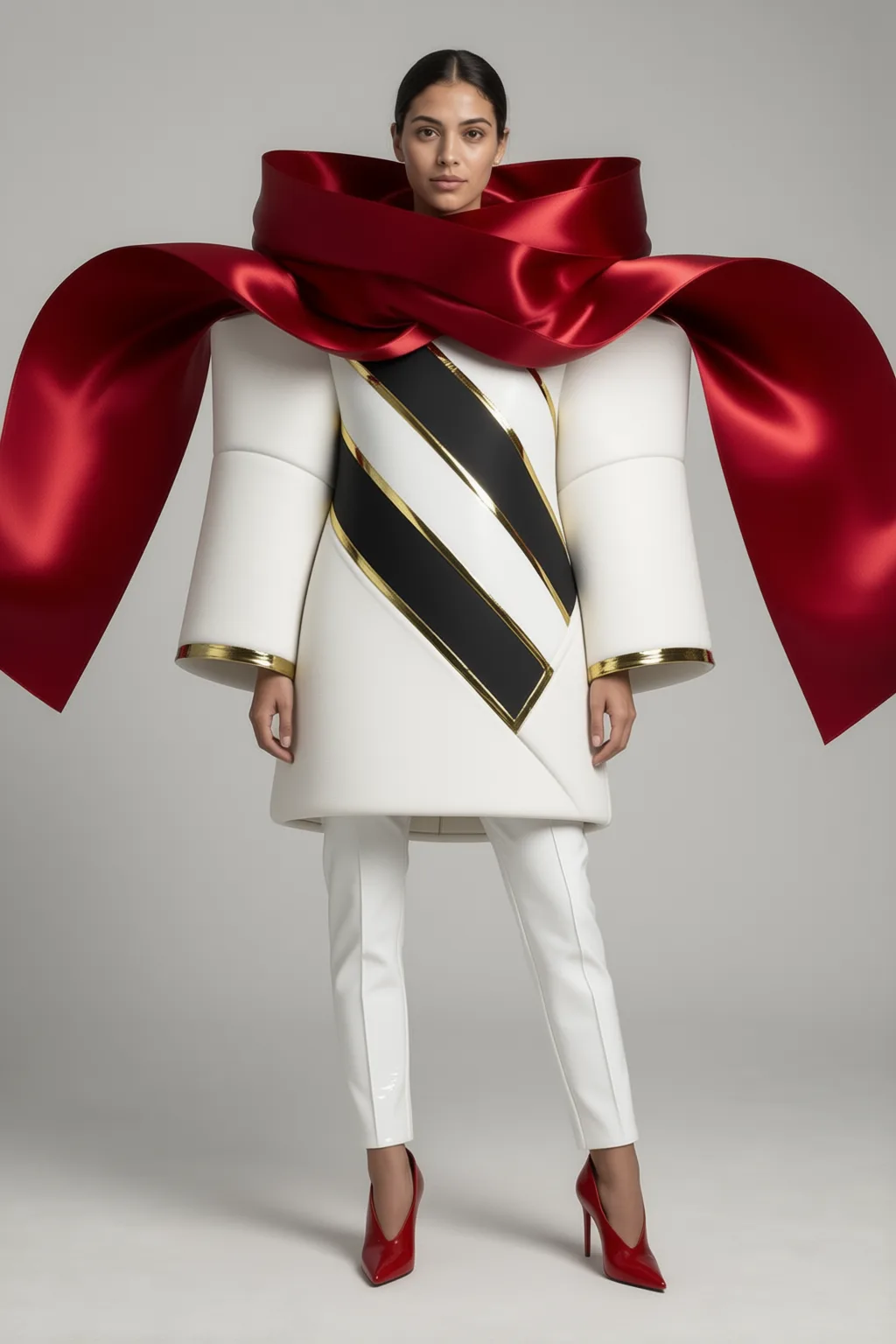 Huge red satin bow collar, white coat with black and gold diagonal bands.