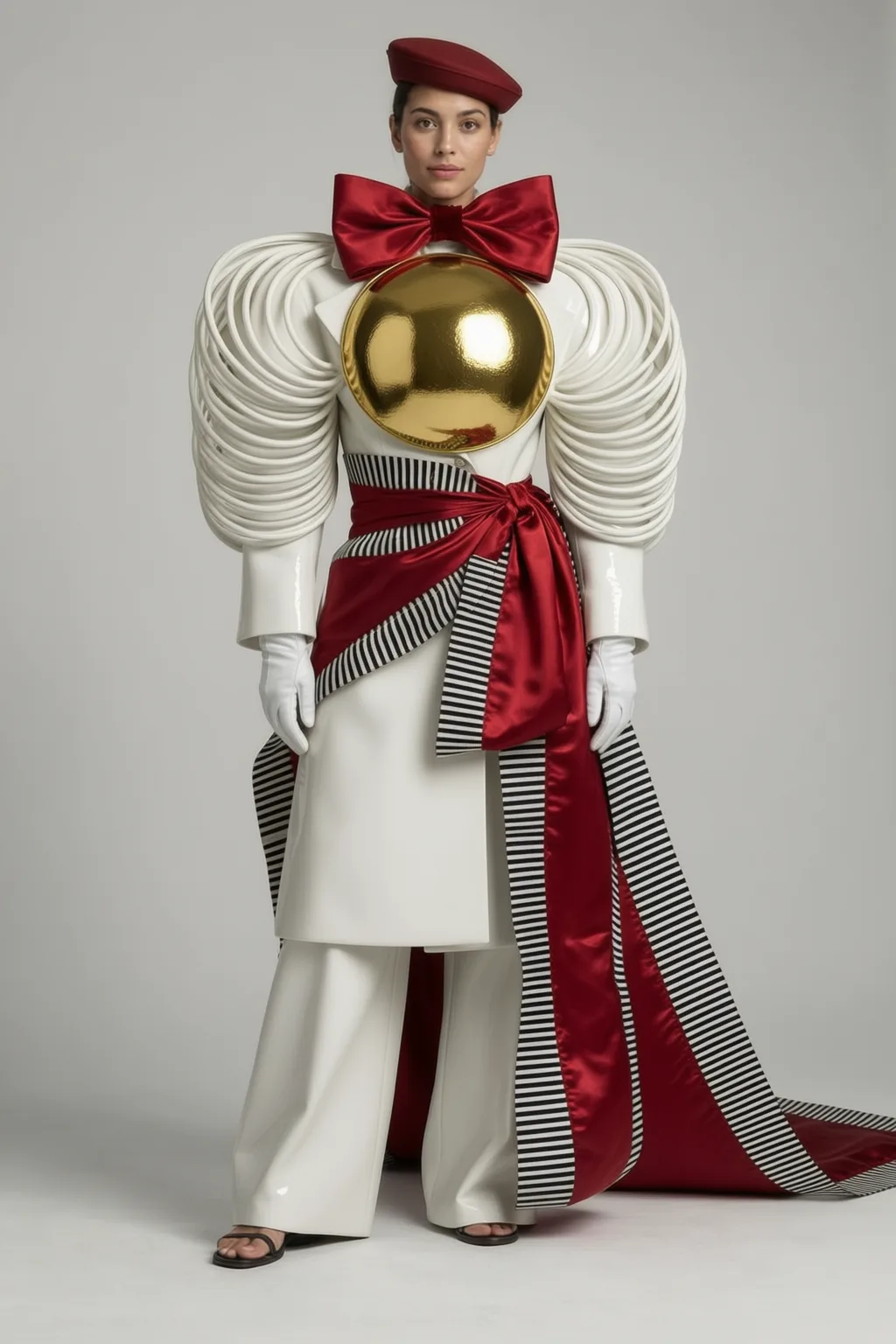 Gold sphere on the chest, coiled white sleeves, red bow, striped sash and train.