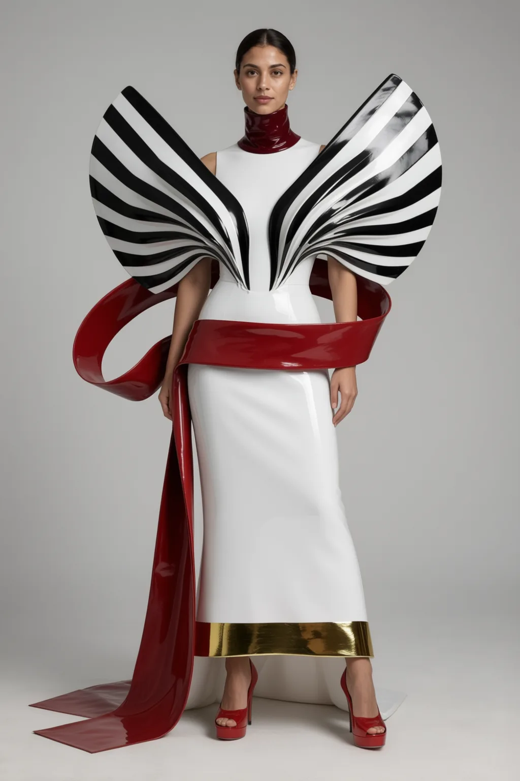 Black and white striped fan wings, white column dress, red lacquer sash.