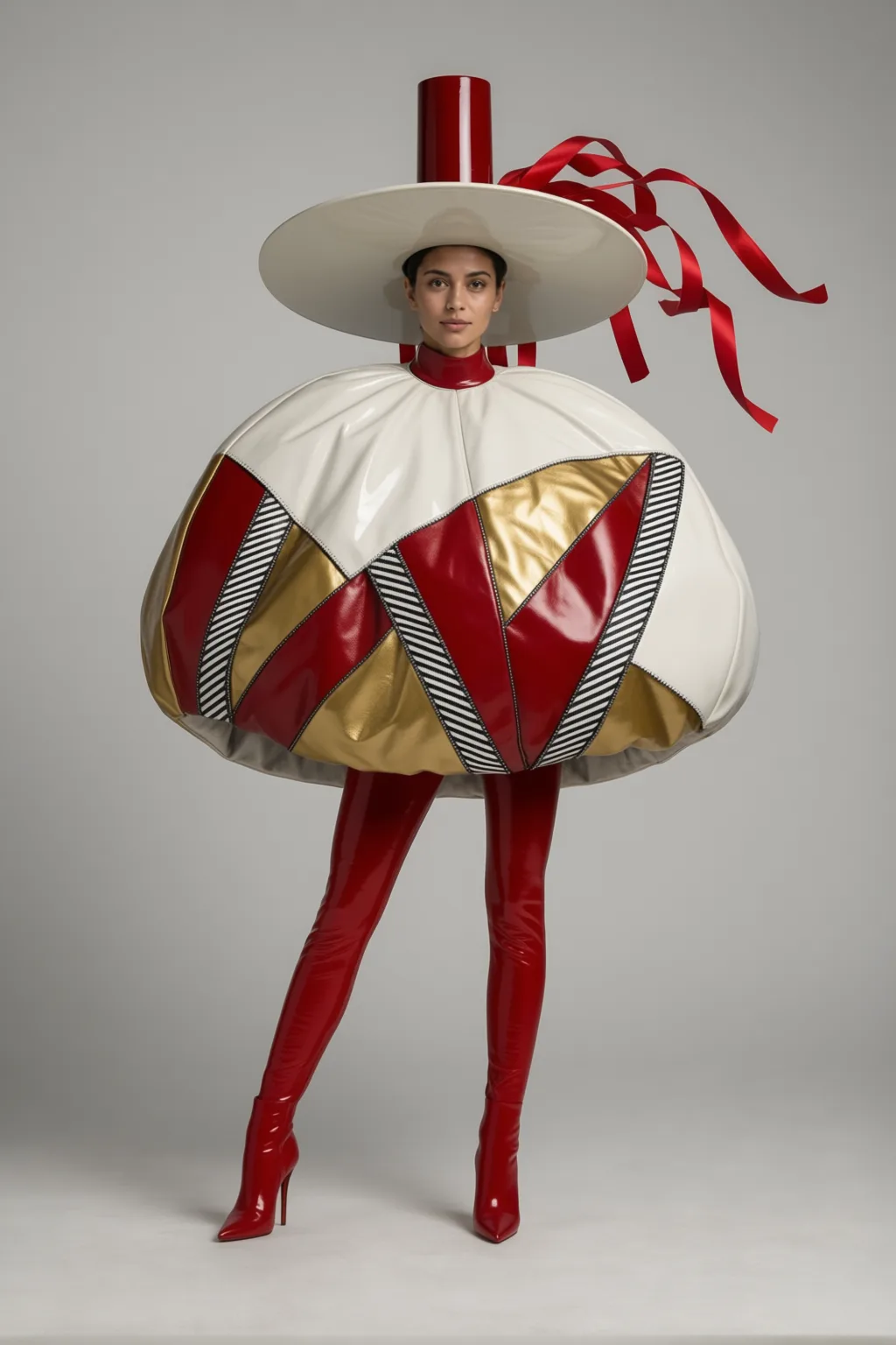 Balloon-shaped cocoon in red, gold and white panels, cap and wide-brim hat, red boots.