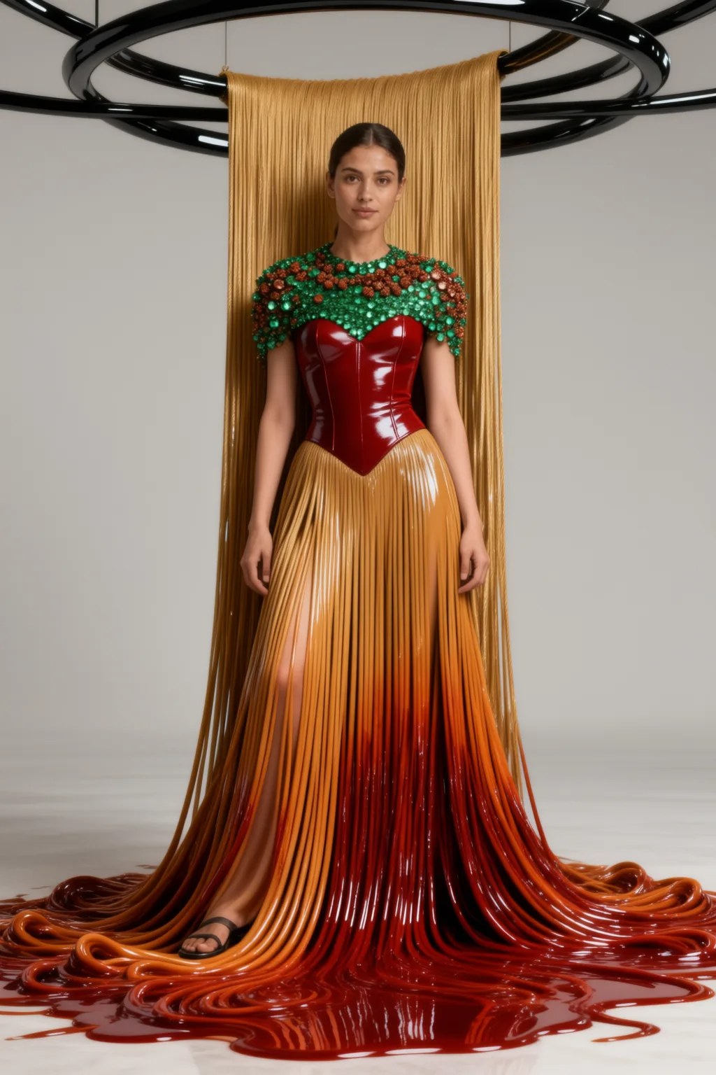 Gown of golden noodle strands pooling into red sauce, crimson lacquer bodice.