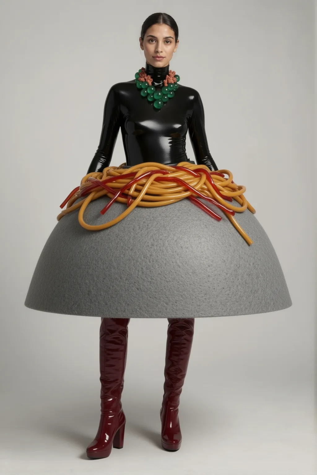 Black latex top, noodle nest on a grey stone bowl skirt, burgundy boots.