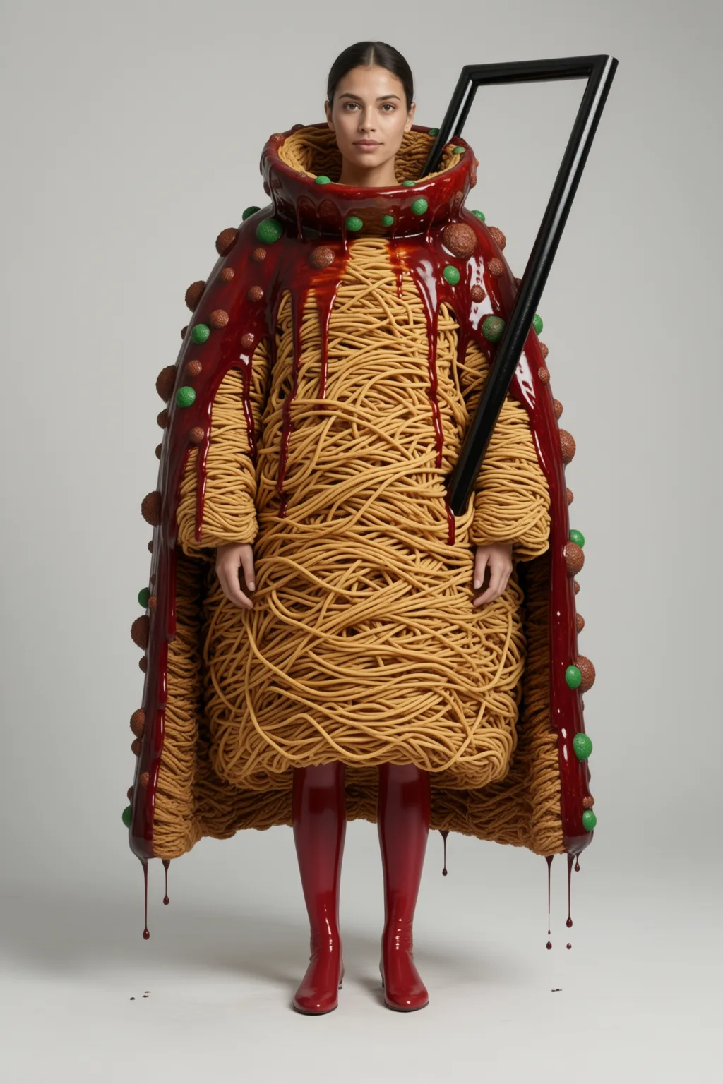 Coat knitted from noodles with red dripping trim and a black chopstick frame.