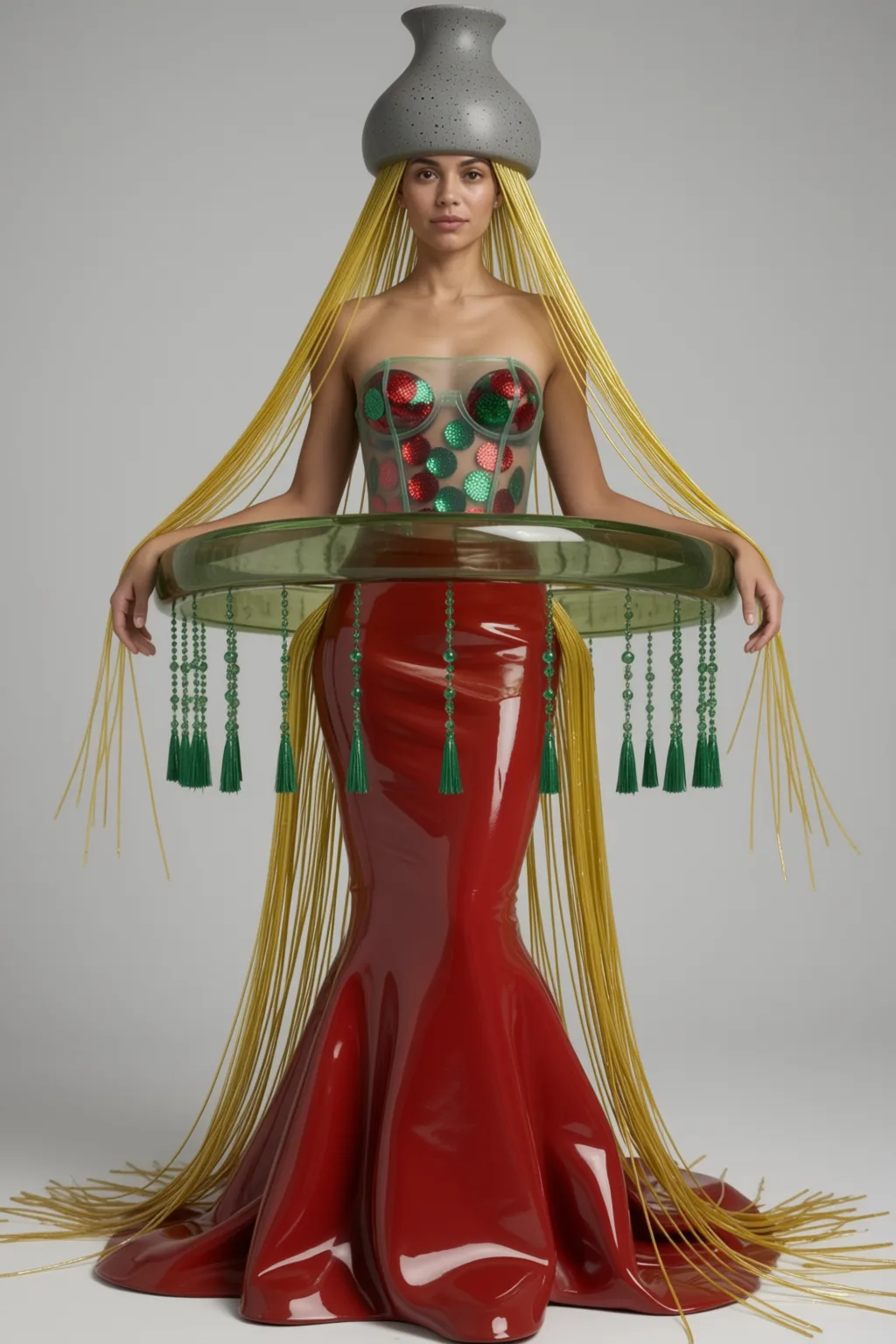 Grey bowl as hat, glass disc with green tassels, red lacquer mermaid skirt.