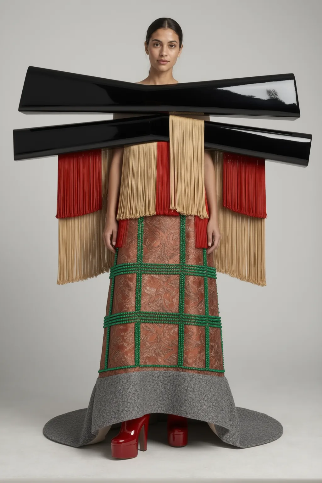 Black lacquer chopsticks across the shoulders, red and golden fringe, grid skirt on a bowl base.