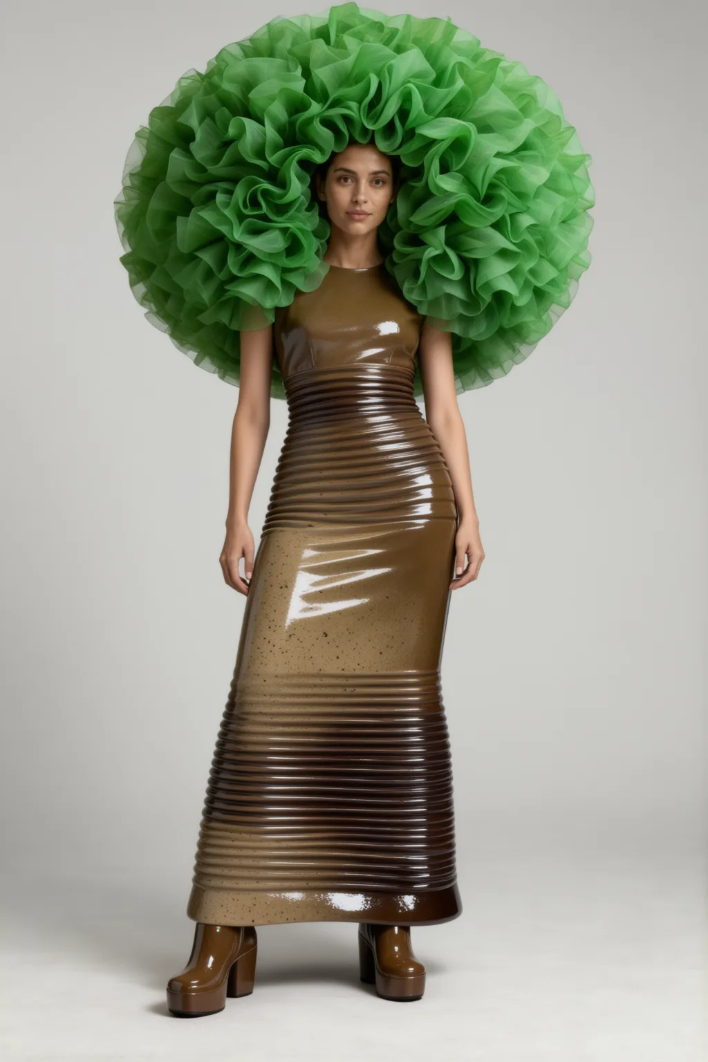 Green ruffled sphere around the head, ribbed brown lacquer column dress.