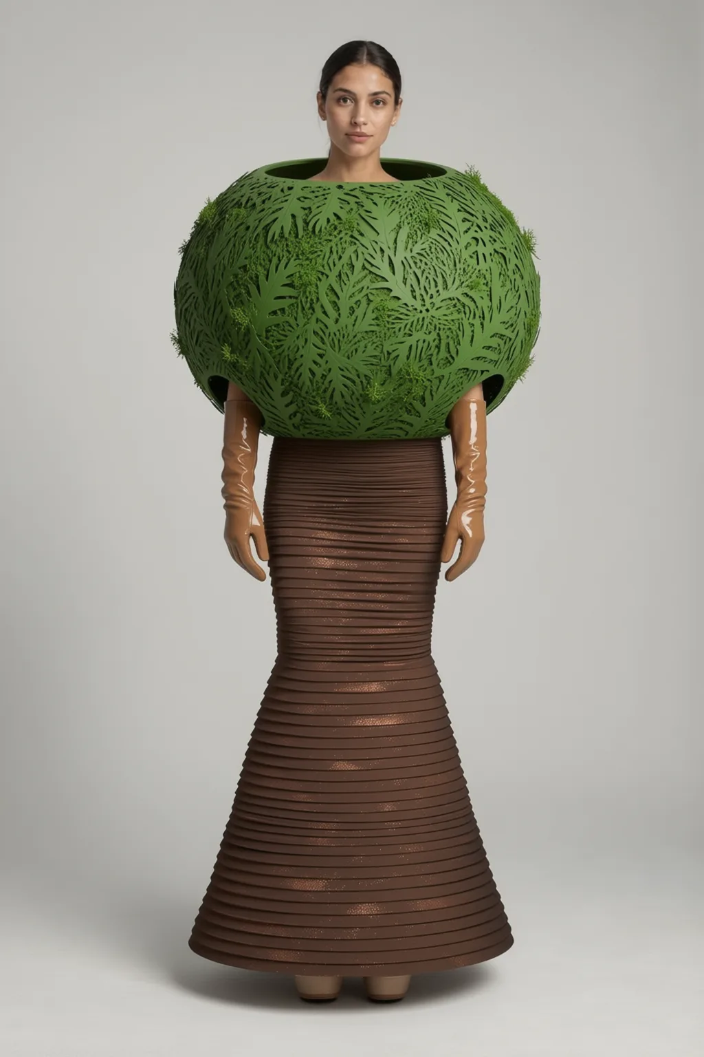 Carved green foliage sphere as bodice, ribbed brown vase-shaped skirt.