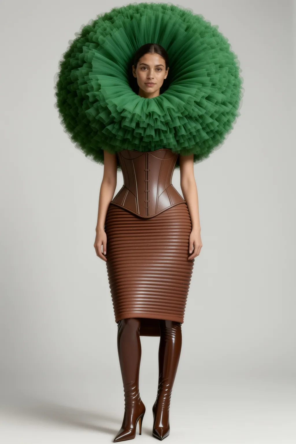Green tulle ruff framing the face, brown corset, ribbed skirt, tall boots.