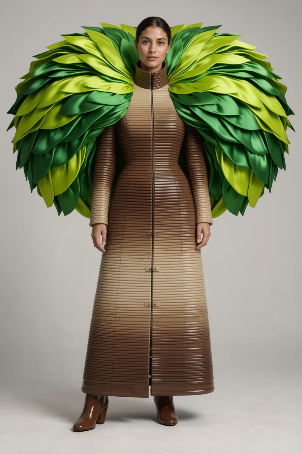 Layered green leaf cape over a long ribbed coat shading from brown to sand.