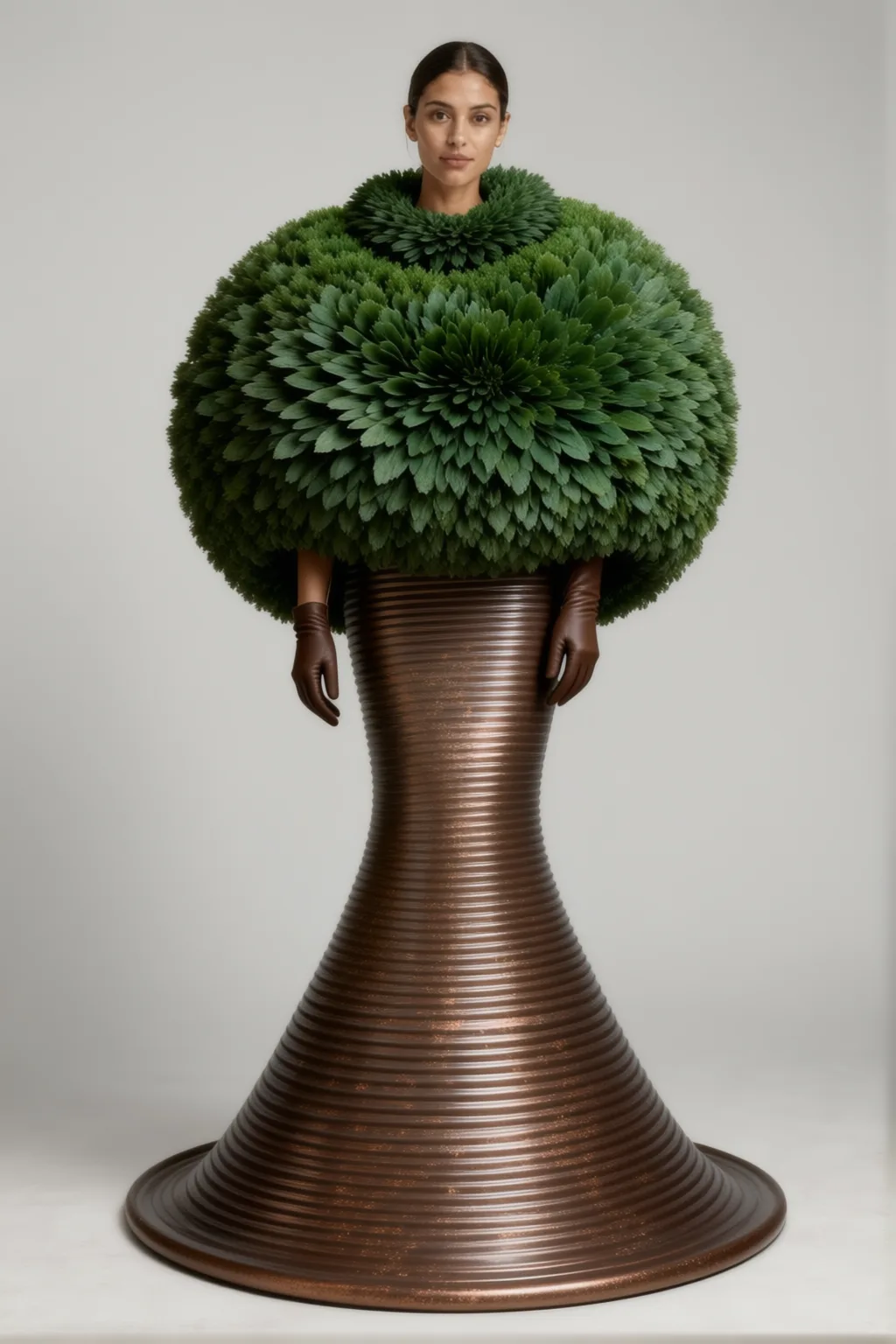 Dense foliage cocoon on a flared ribbed base like the planter.