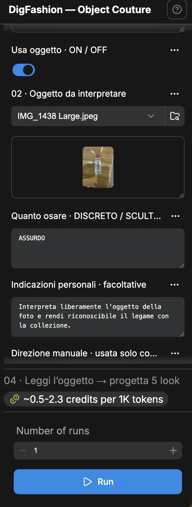 App mode panel: use object switch, object to interpret, boldness set to ASSURDO, personal notes, Run button.