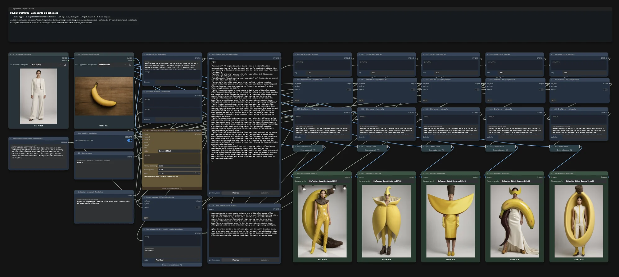ComfyUI Object Couture graph after the banana run: analysis, five briefs, five banana looks.