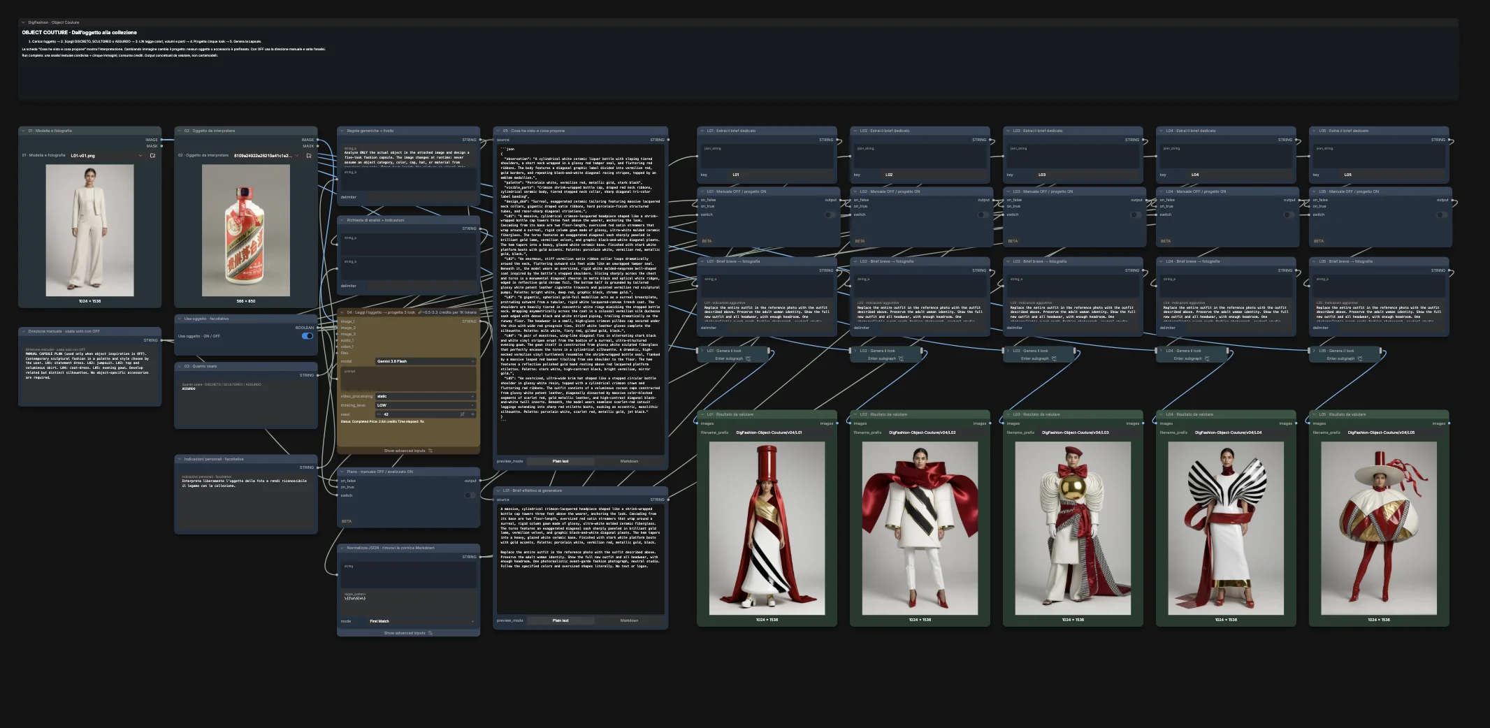 ComfyUI Object Couture graph after the moutai run, five results on the right.