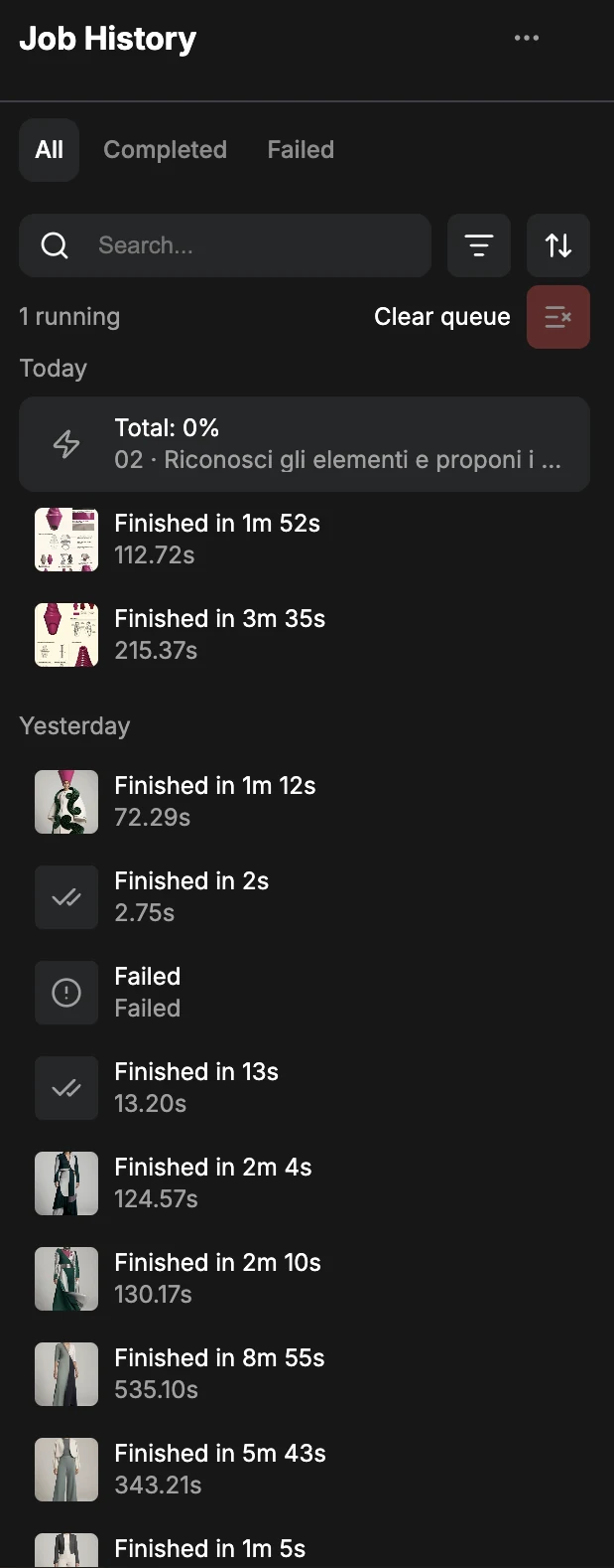 ComfyUI job history: finished in 1m 52s, 3m 35s, one failed run, other runs.