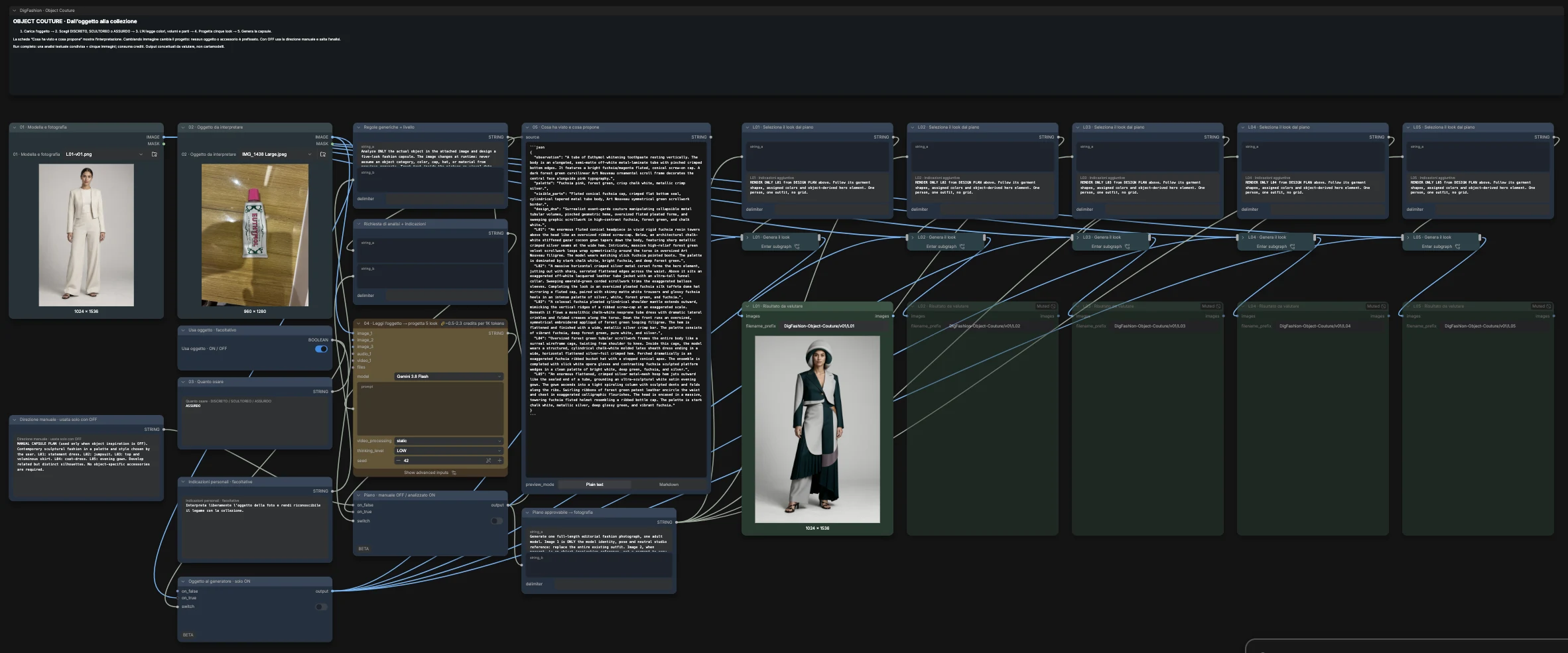 ComfyUI graph of the Object Couture workflow: model and object photos, analysis node, JSON plan, five look branches, first generated look.