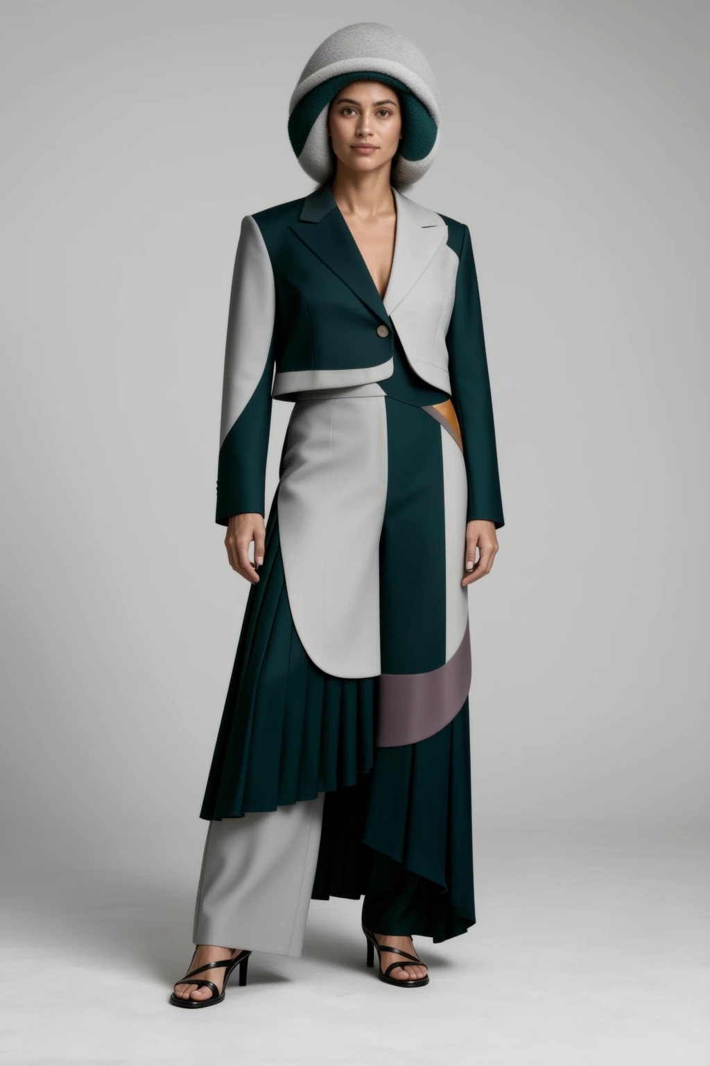 Earlier version: dark green and grey tailored look, little trace of the object.