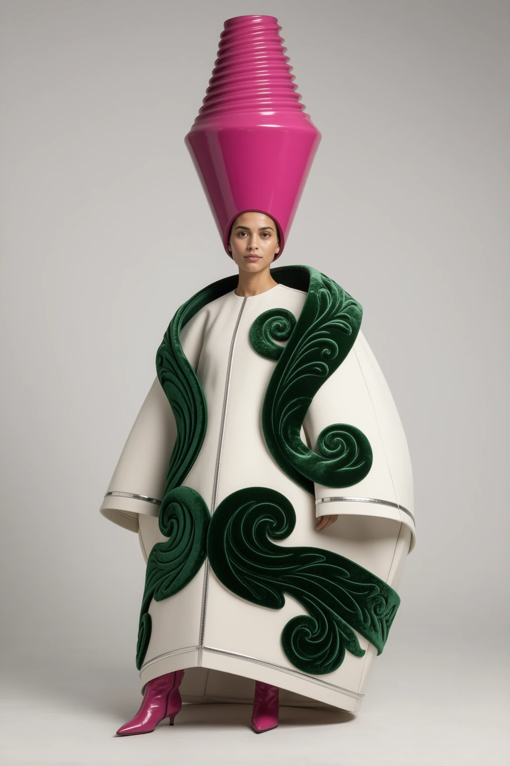 Object Couture look with an ivory cocoon coat, green scrolls and magenta boots.