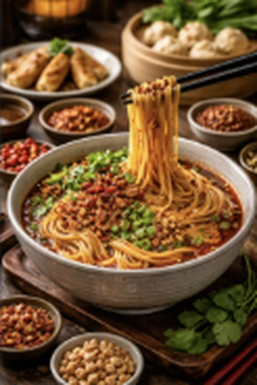 A bowl of spicy noodle soup with chopsticks lifting the noodles.