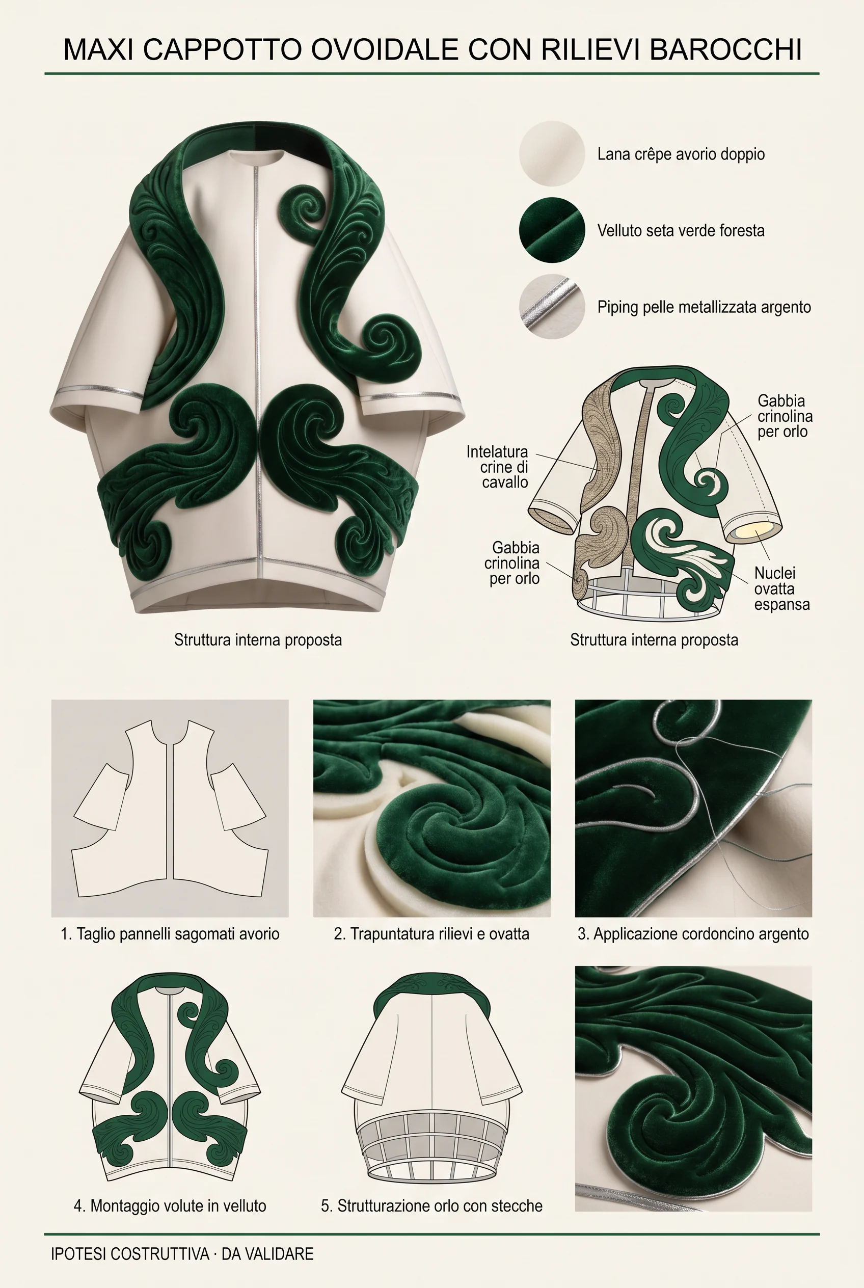 Exploratory construction sheet for the ivory coat, with components and material proposals.