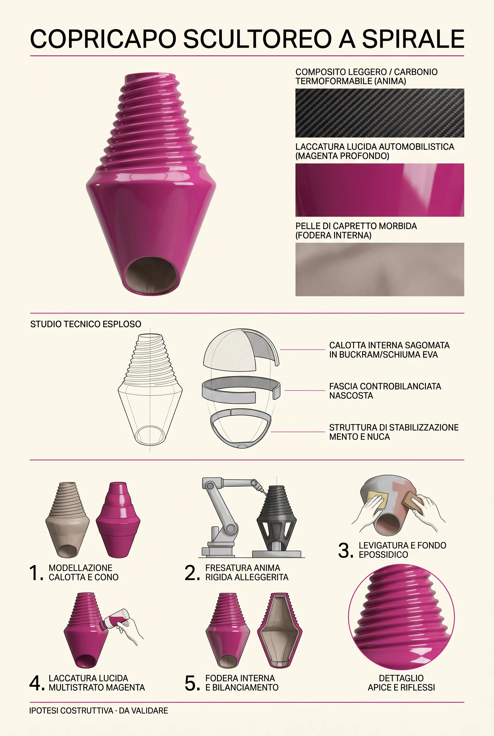Construction sheet for the sculptural spiral headpiece: materials, exploded technical study, construction steps.