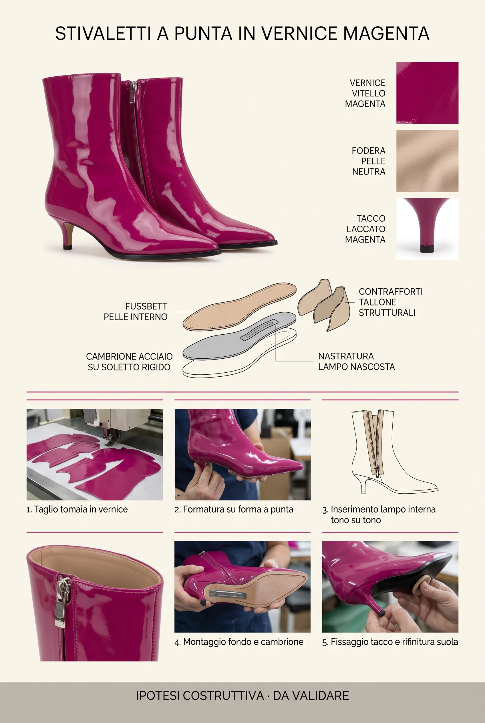 Construction sheet for pointed magenta patent boots: materials, shoe components, construction sequence.